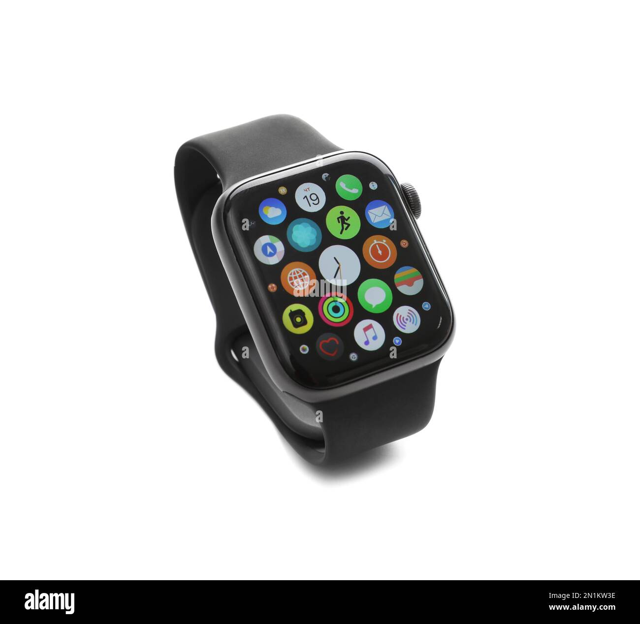 MYKOLAIV, UKRAINE - SEPTEMBER 19, 2019: Apple Watch with home screen isolated on white Stock Photo