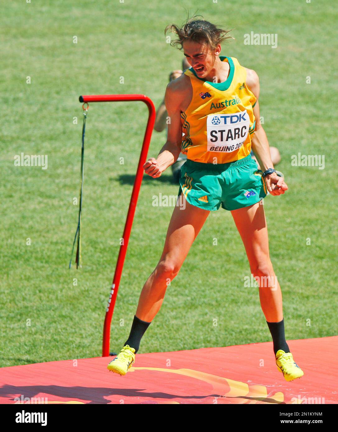 Australia's Brandon Starc reacts as he competes in the men’s high jump