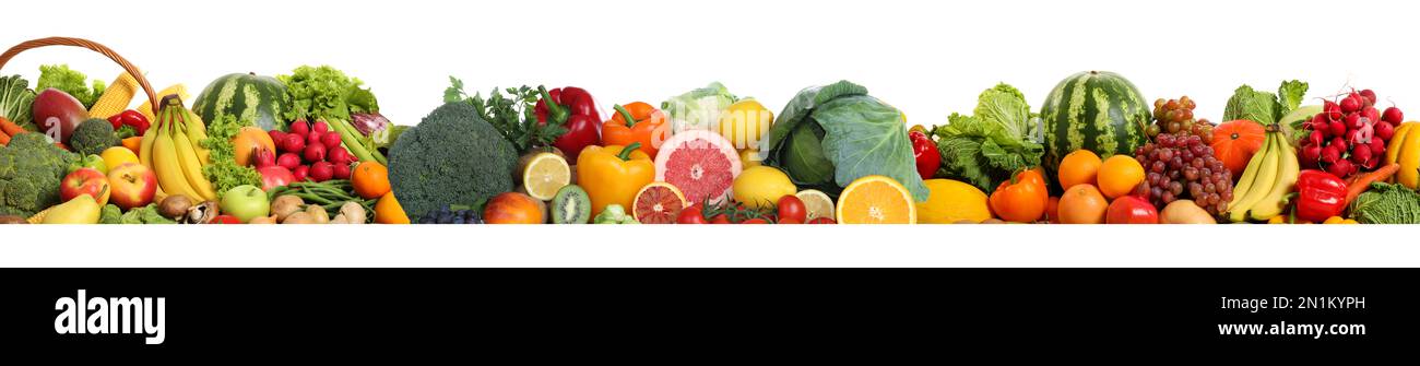 Collection of fresh organic vegetables and fruits on white background