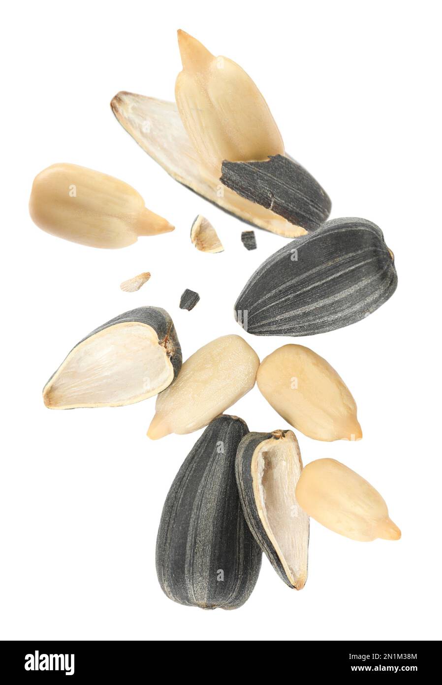 Sunflower seeds with hull flying on white background Stock Photo Alamy