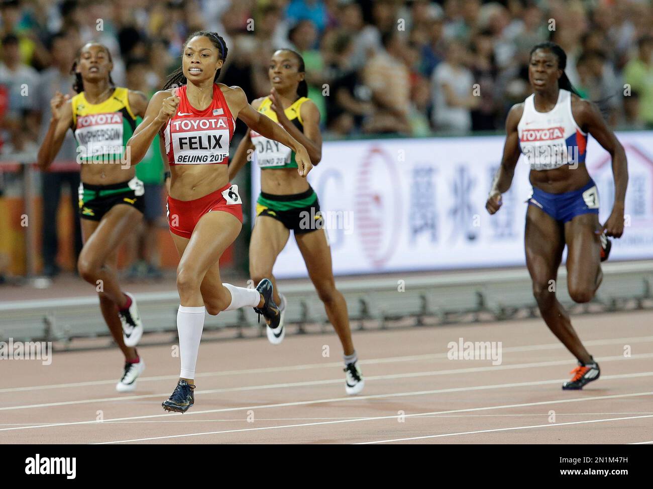 United States' Allyson Felix leads the field on her way to winning the