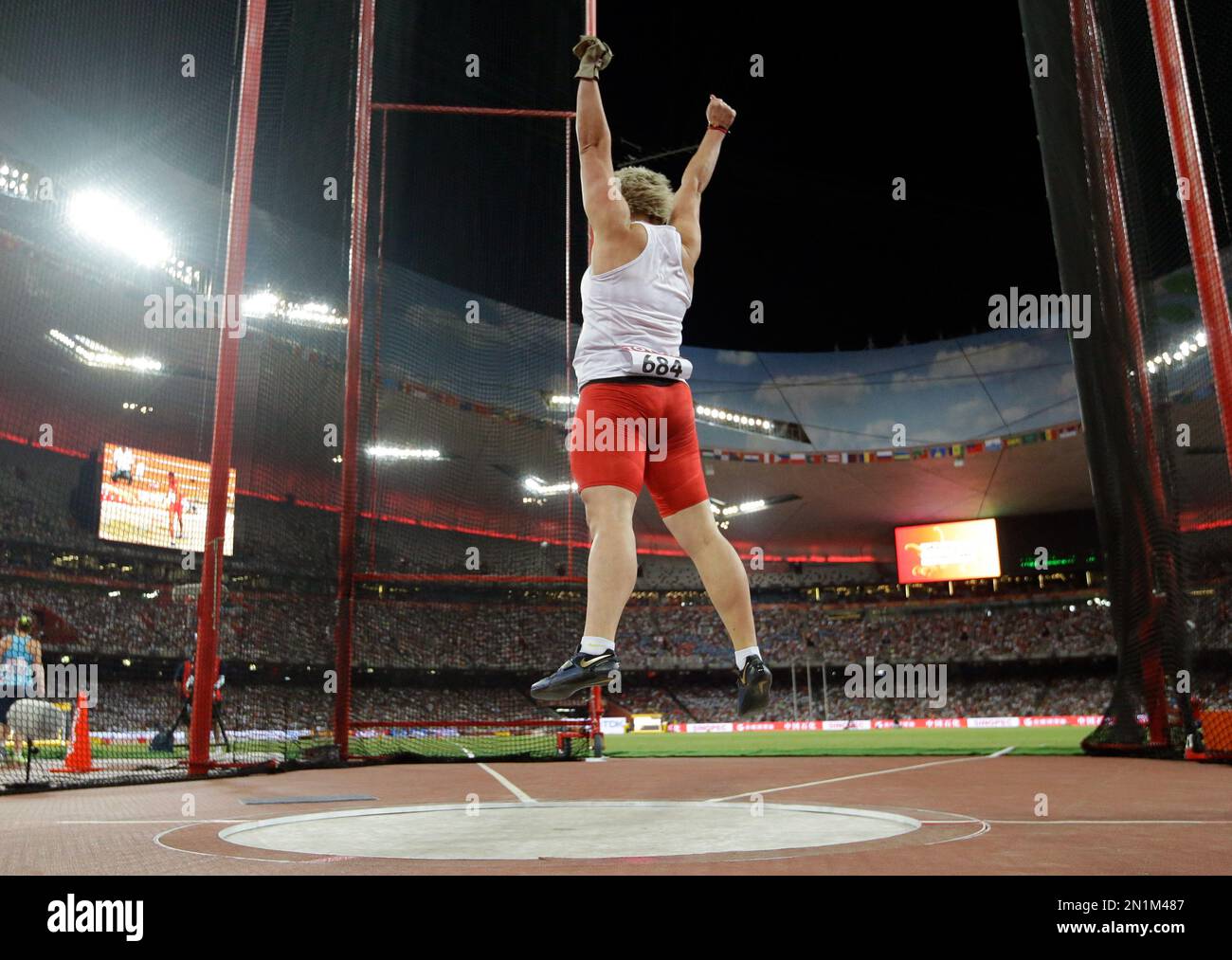 Poland's Anita Wlodarczyk celebrates after winning the women's hammer