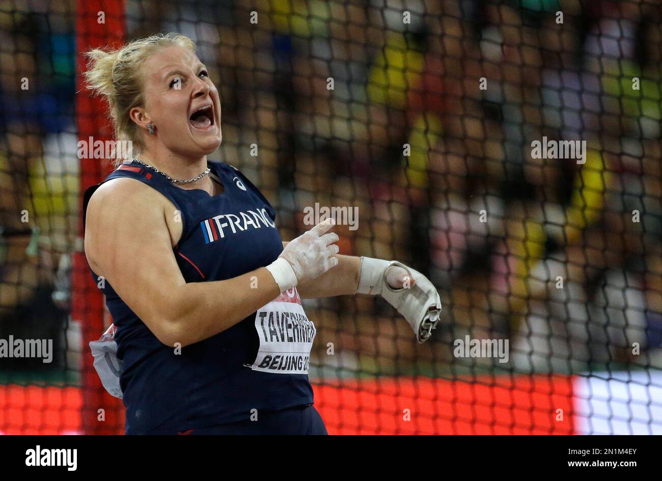 France's Alexandra Tavernier competes in the women's hammer throw final