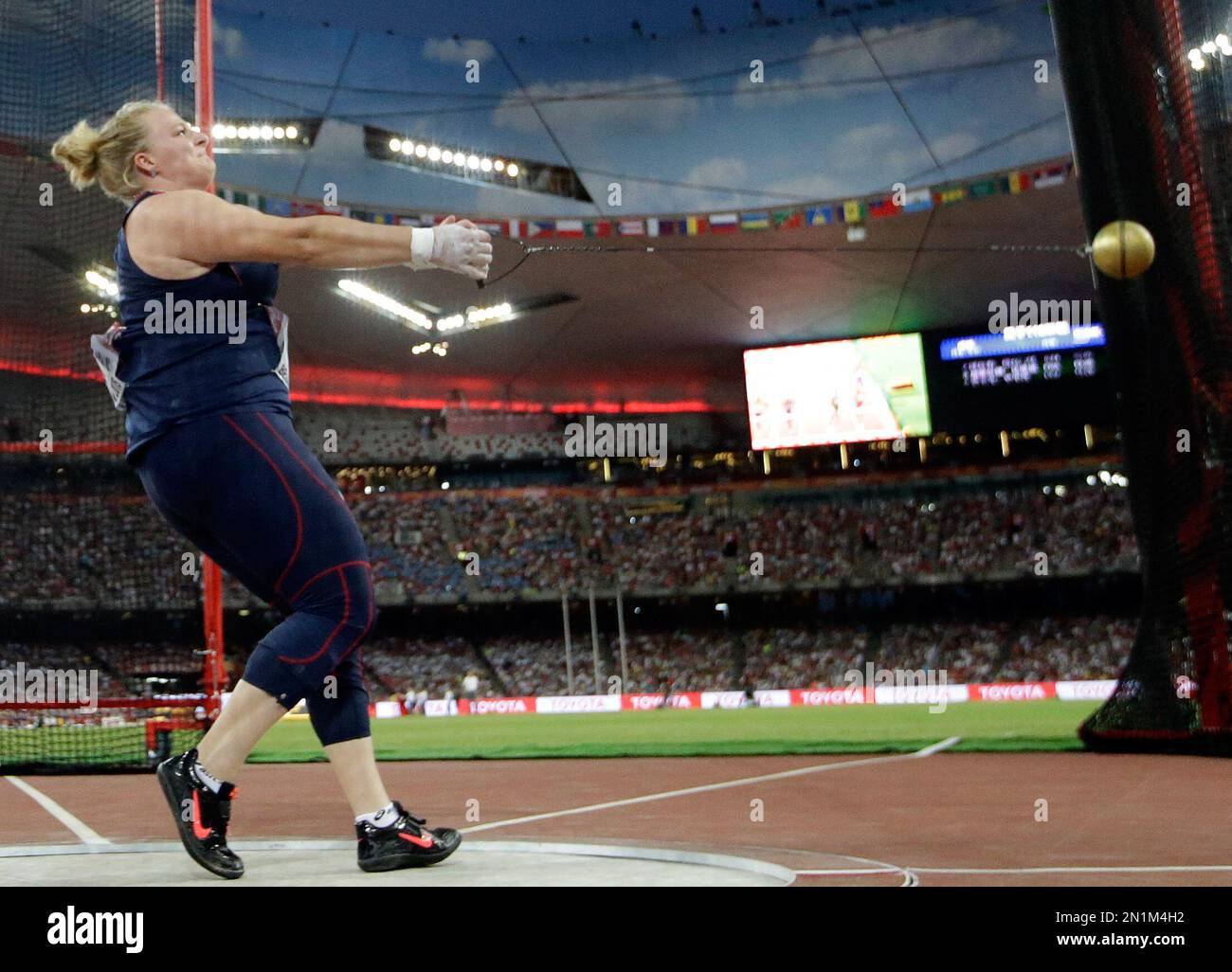 France's Alexandra Tavernier competes in the women's hammer throw final