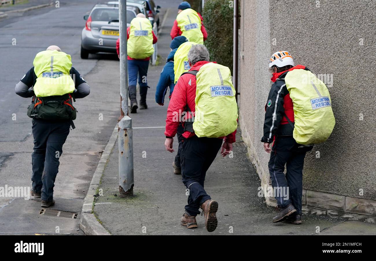 Members of the Scottish Mountain Rescue help with the search for missing 11-year-old Kaitlyn Easson in the area near to Gala Park, Galashiels, in the Scottish Borders, Kaitlyn was last seen in the park at 5.30pm on Sunday evening. Picture date: Monday February 6, 2023. Stock Photo