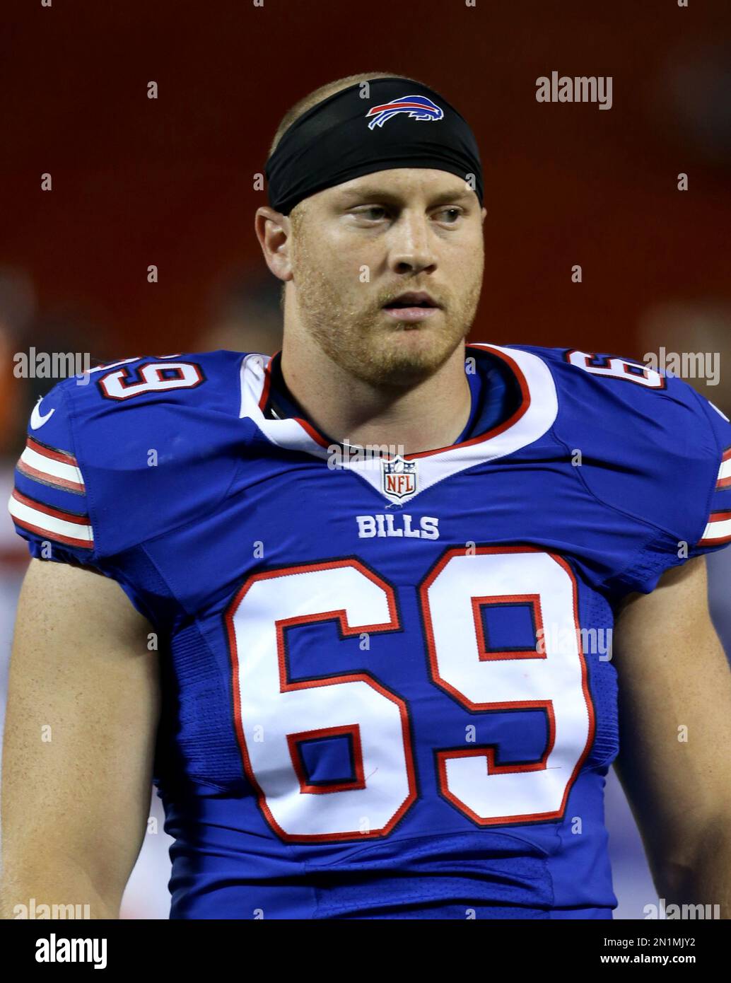 Buffalo Bills defensive end B.J. Larsen (69) against the Cleveland Browns  during an NFL preseason football game, Thursday, Aug. 20, 2015, in  Cleveland. (AP Photo/Ron Schwane Stock Photo - Alamy