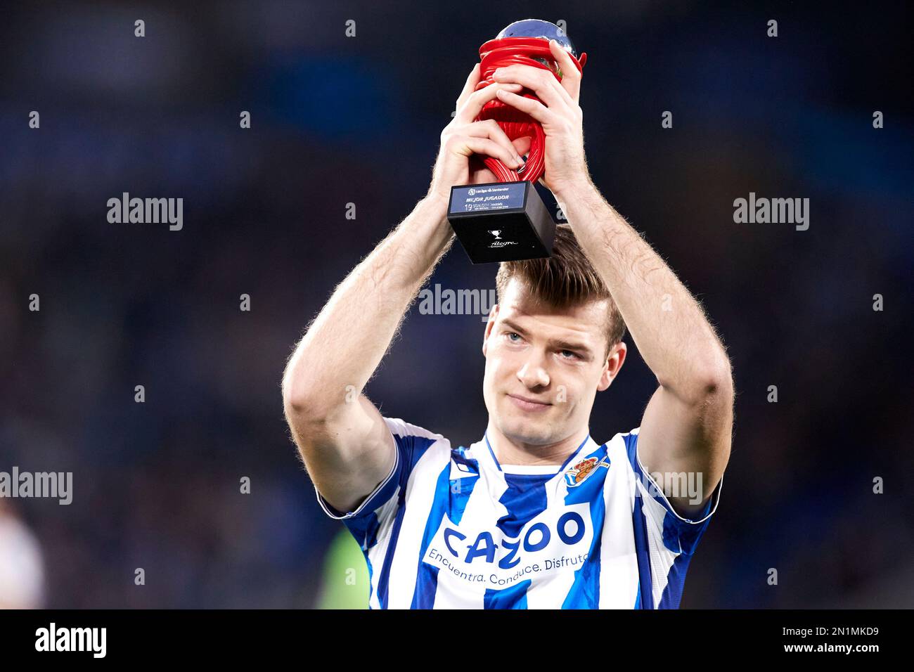 SAN SEBASTIAN, SPAIN - FEBRUARY 05: Alexander Sorloth of Real Sociedad receives the MVP trophy of January during the La Liga Santander match between Real Sociedad and Real Valladolid CF at Reale Arena on February 05, 2023, in San Sebastian, Spain. (Photo by Ricardo Larreina/AFLO) Stock Photo