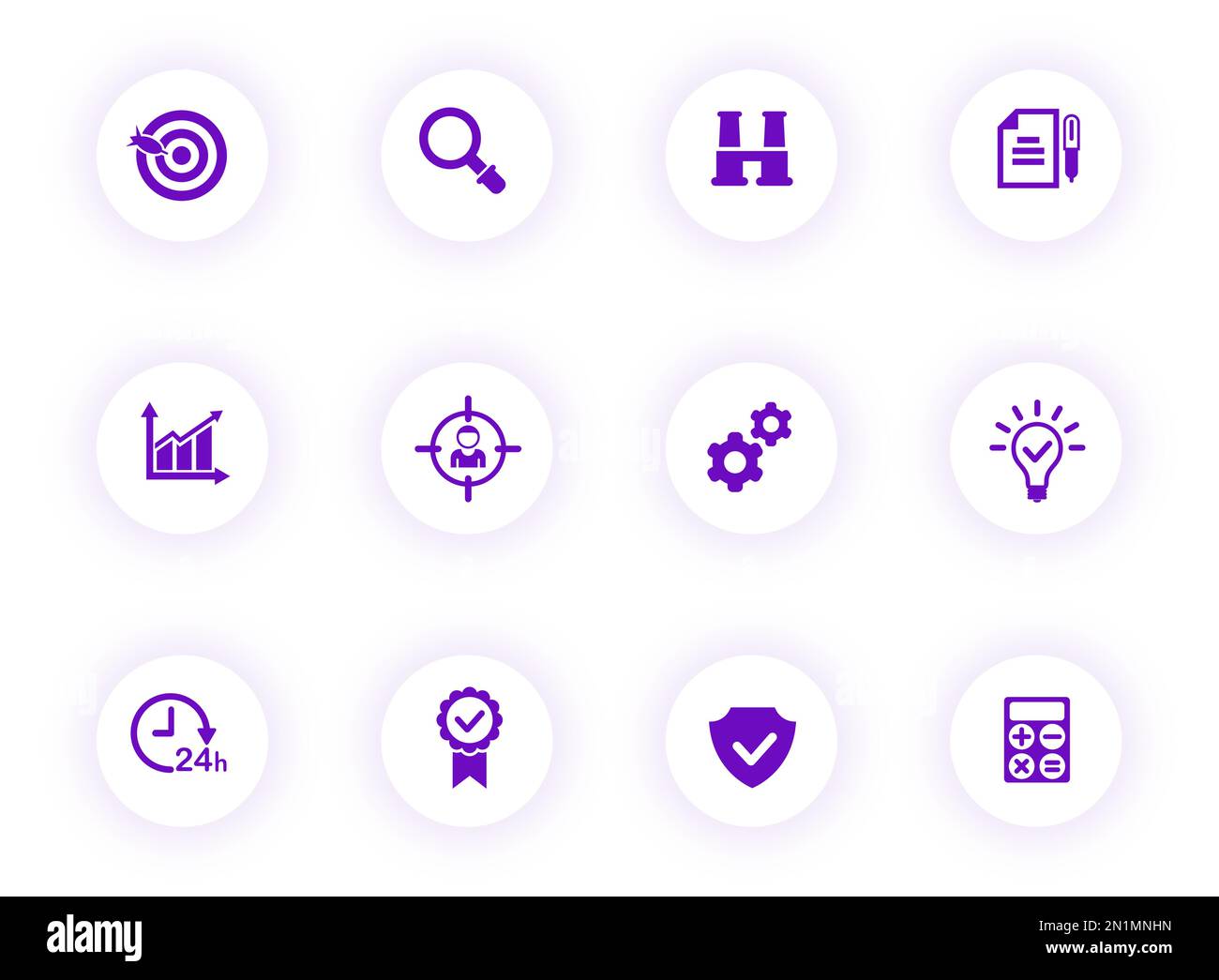 data analytics purple color vector icons on light round buttons Stock Vector