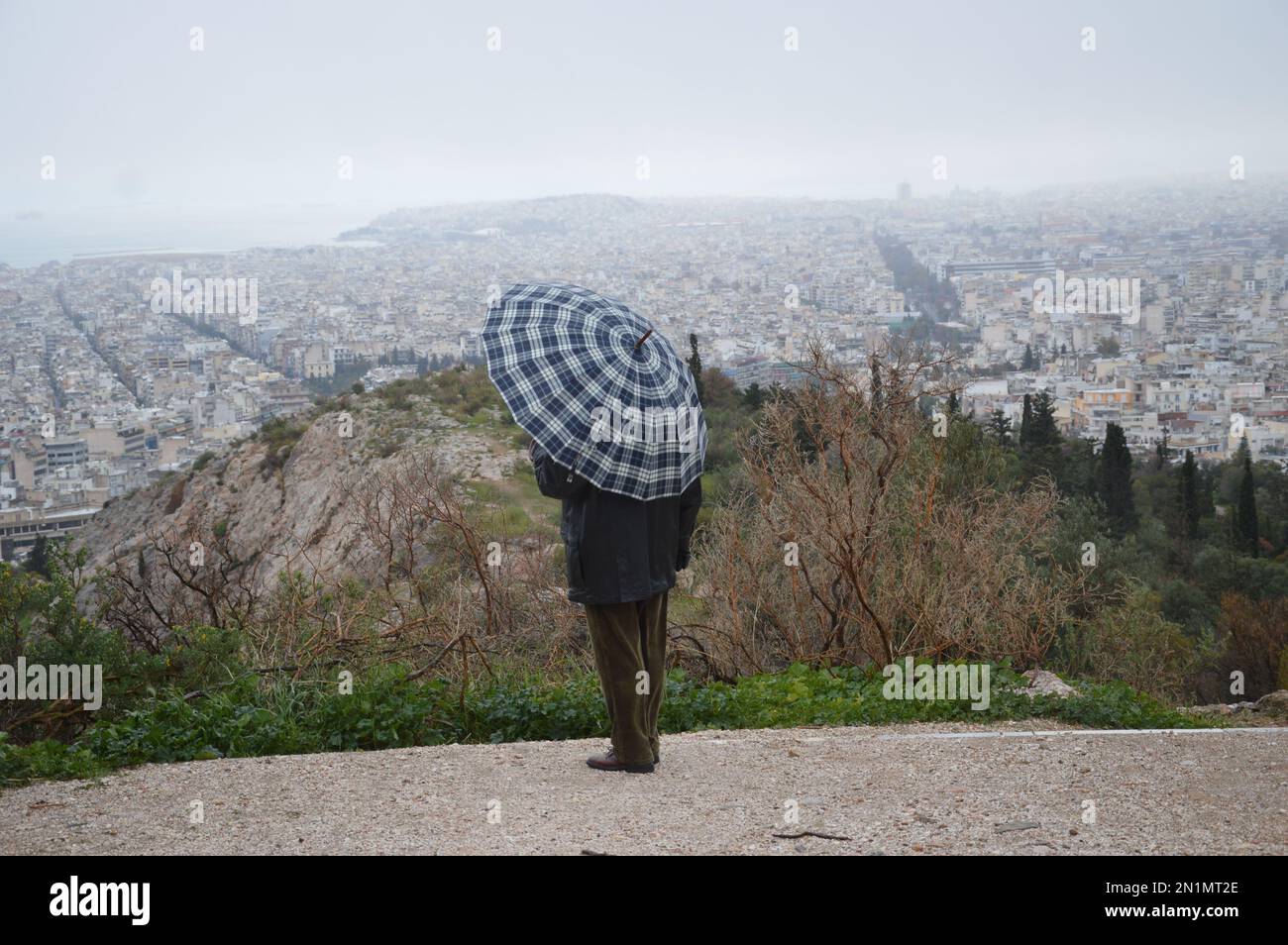 Athens, Greece - February 5, 2023 - Cold, rainy weather in Athens - Filopappou hill. (Photo by Markku Rainer Peltonen) Stock Photo