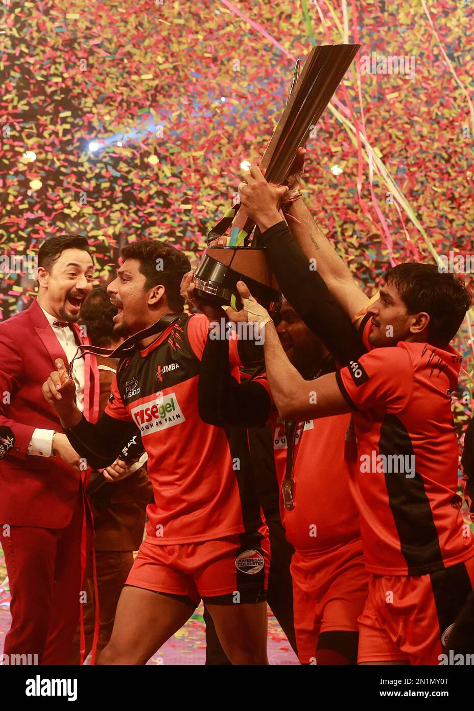 Players of UMumba celebrate after they won the Pro Kabaddi League