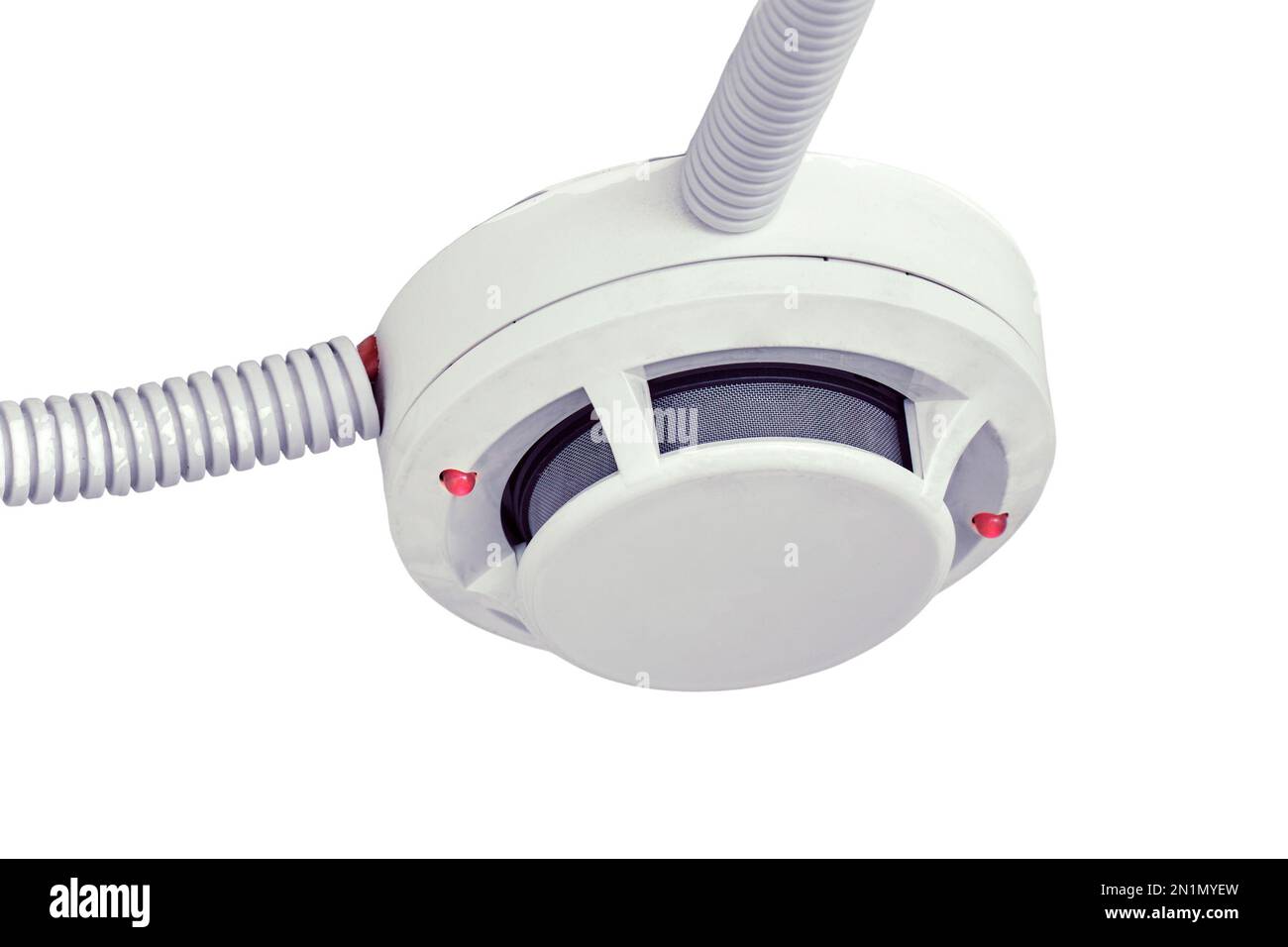 Flashing red lights fire alarm system on the ceiling in the room building, isolated on a white