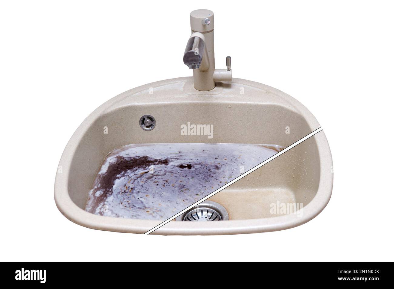 Before and after removing a blockage in a sink, isolated on a white