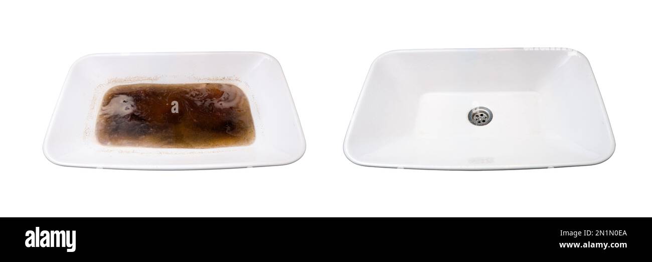Bathroom sink before and after cleaning the blockage, dirty and clean