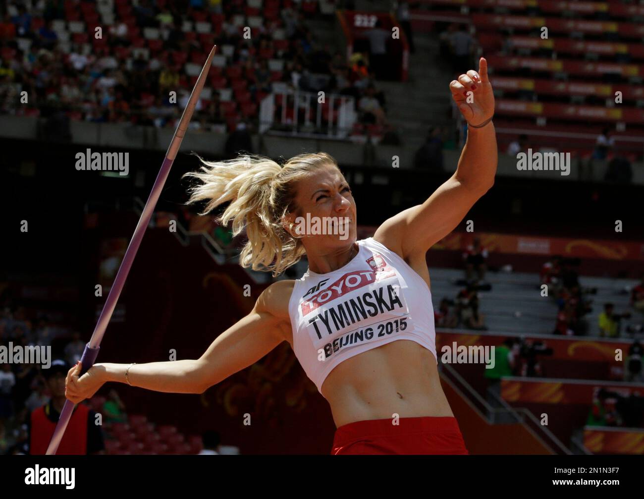 Poland's Karolina Tyminska competes in women's javelin throw heptathlon