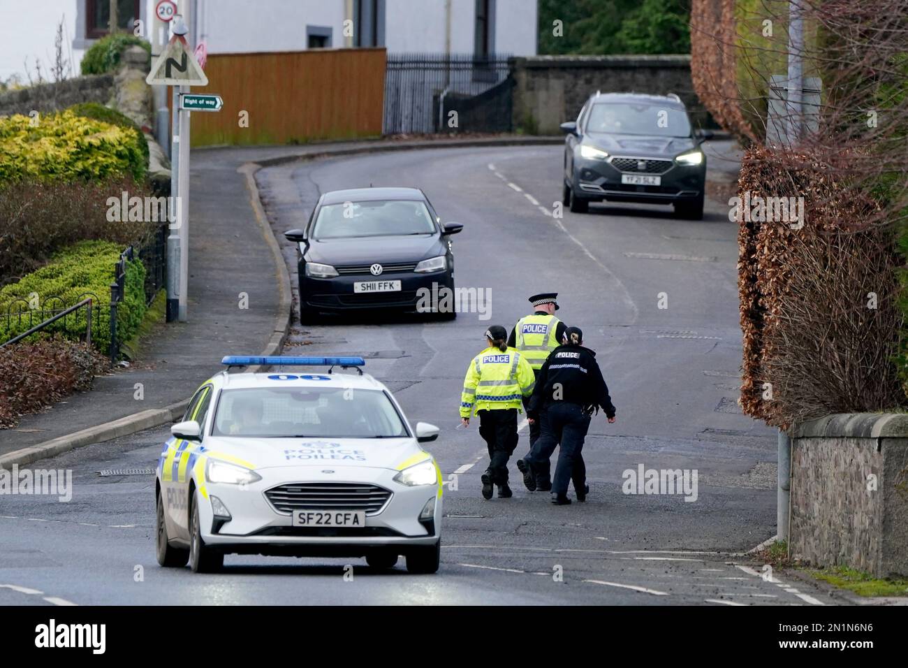 Police officers on patrol along Melrose Road in the area near to Gala Park, Galashiels, in the Scottish Borders, where they are searching for missing 11-year-old Kaitlyn Easson, who was last seen in the park at 5.30pm on Sunday evening. Picture date: Monday February 6, 2023. Stock Photo