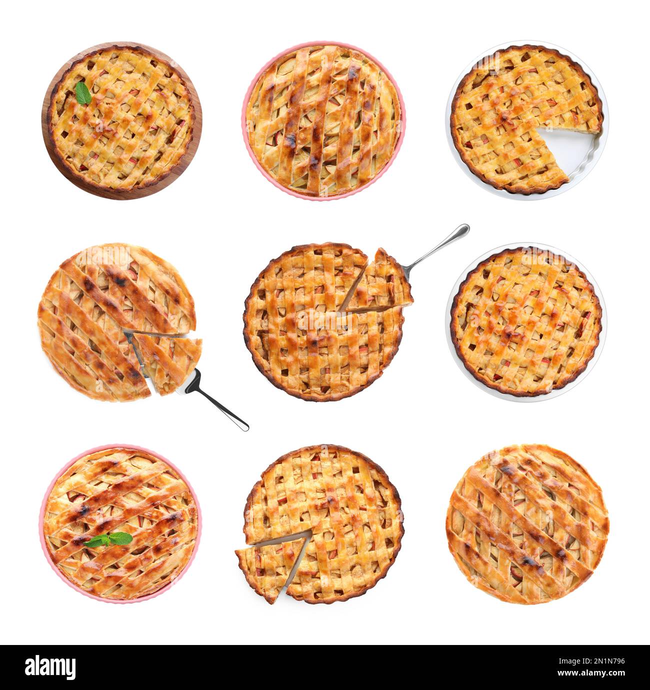 Set of traditional apple pies on white background, top view Stock Photo