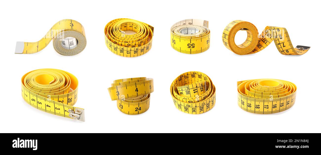 Set of yellow measuring tapes on white background. Banner design Stock ...