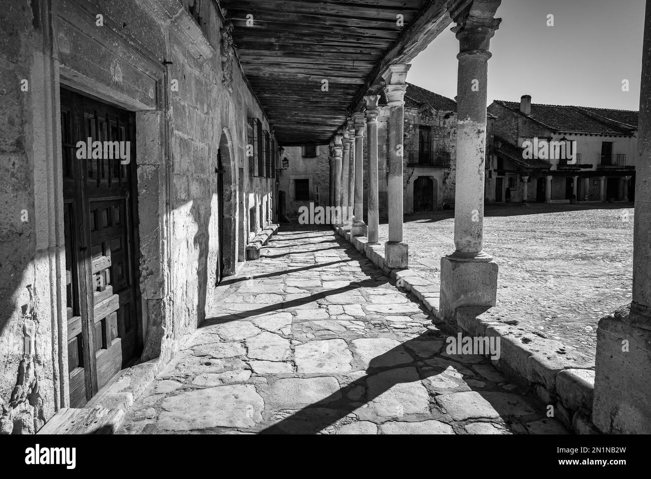 Arcades of the medieval town of Pedraza with its old stone buildings