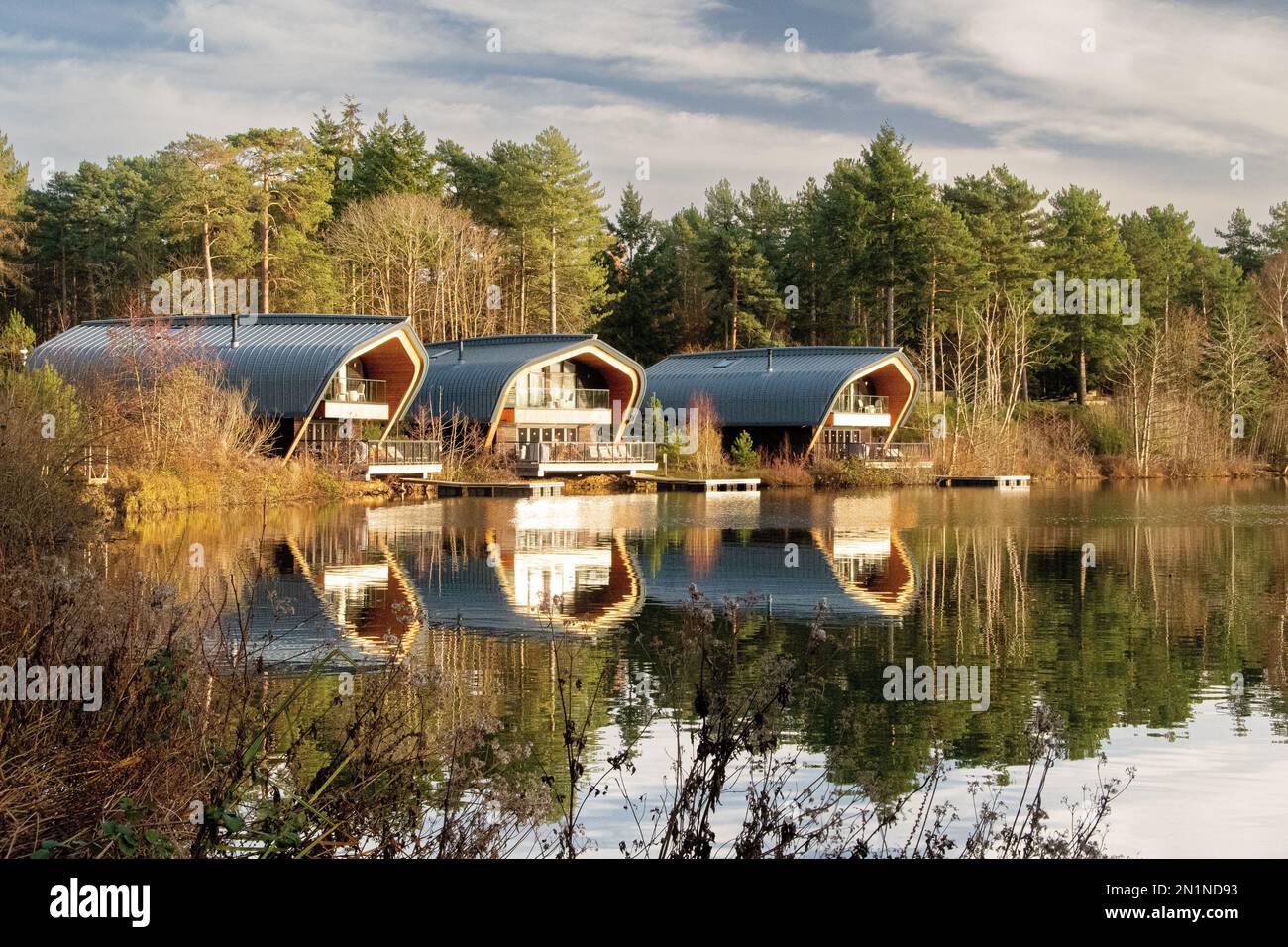The waterside lodges by the lake at Center Parcs in the United Kingdom