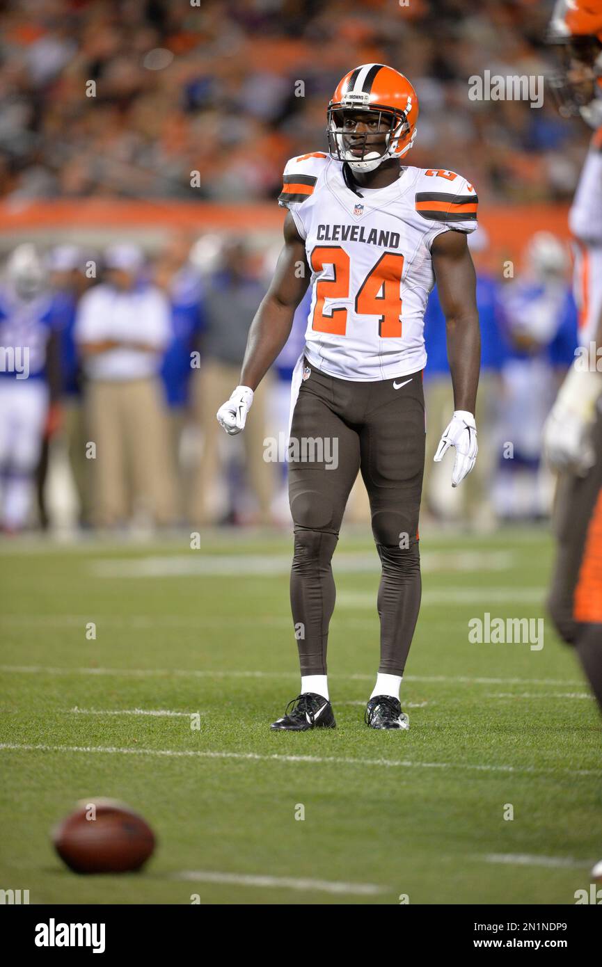 Cleveland Browns cornerback Johnson Bademosi stands on the field during an  NFL preseason football game against the Buffalo Bills Thursday, Aug. 20,  2015, in Cleveland. Buffalo won 11-10. (AP Photo/David Richard Stock