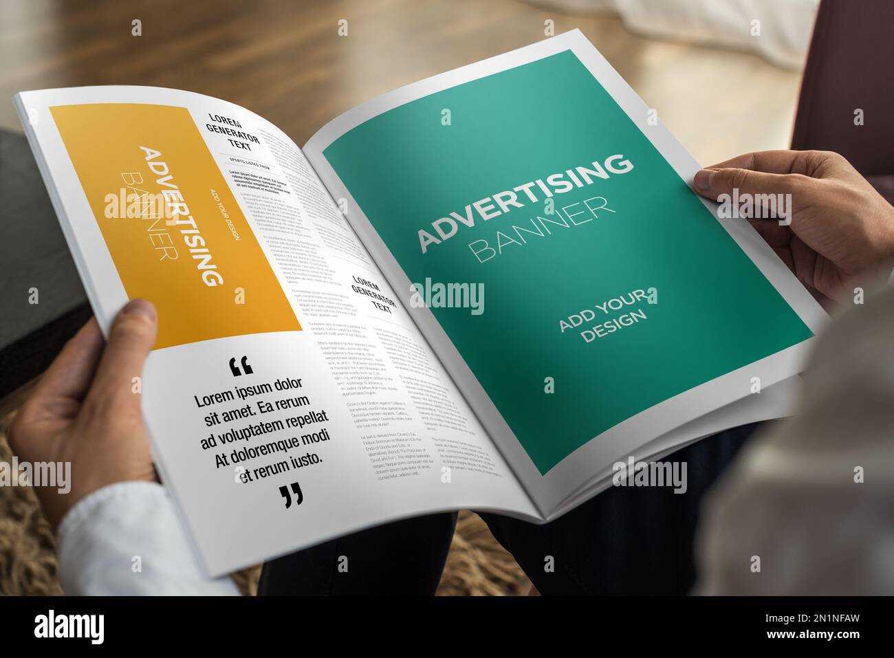 Advertising Banner on Magazine, Brochure Mockup With Hands Stock Photo ...