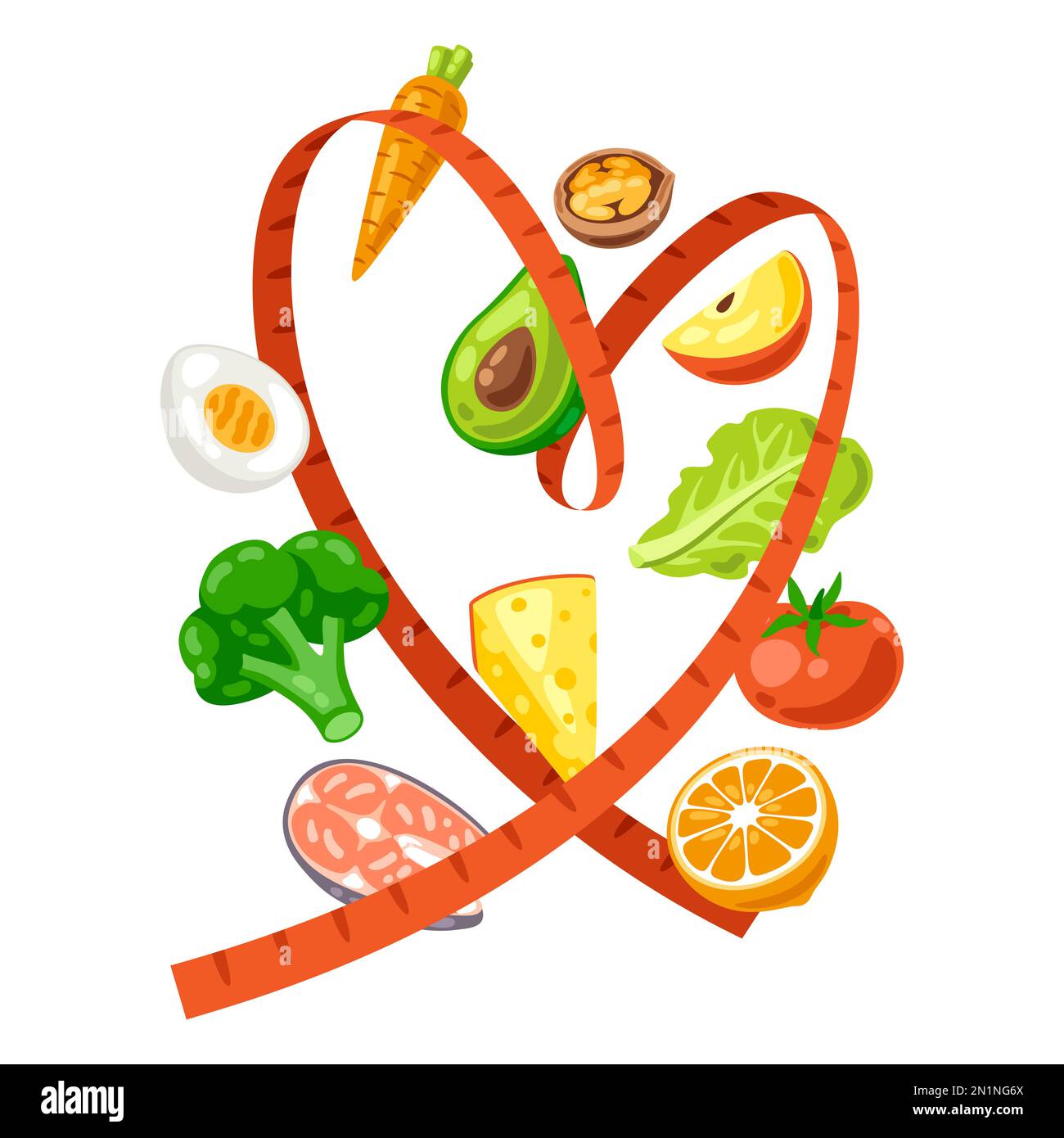 Illustration of measure tape with food. Healthy eating and diet meal