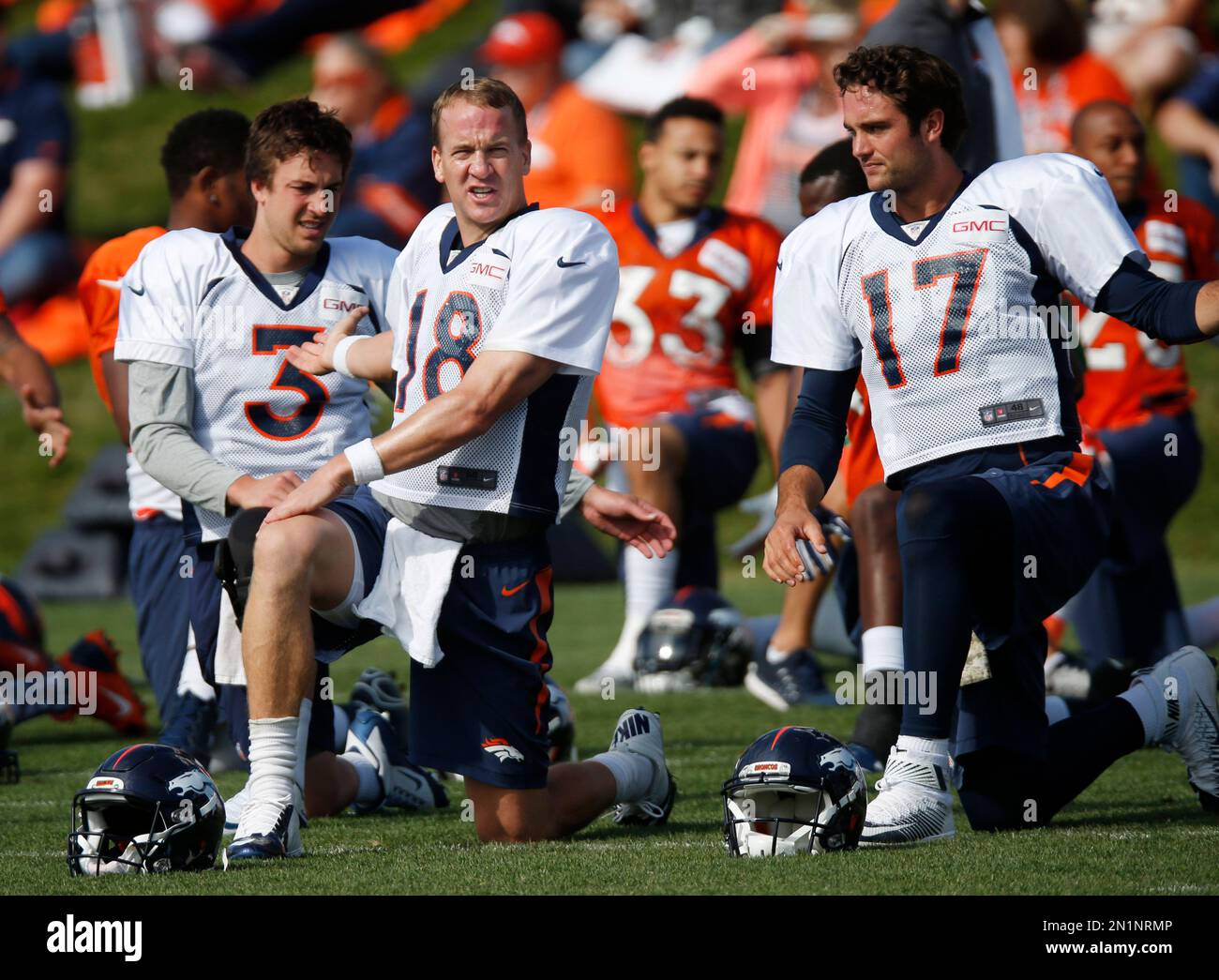 Denver Broncos quarterback Peyton Manning (18) during drills at the team