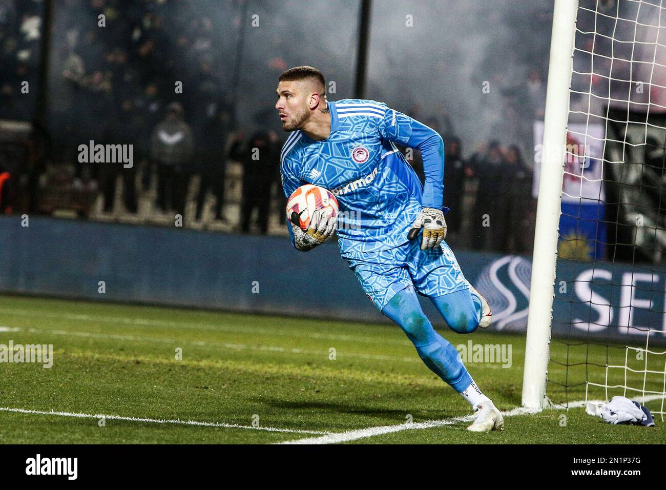 Thessaloniki, Greece. 5th Feb, 2023. Olympiacos's goalkeeper Alexandros Paschalakis in action during a Greek Superleague soccer game between PAOK FC and Olympiacos FC. (Credit Image: © Giannis Papanikos/ZUMA Press Wire) EDITORIAL USAGE ONLY! Not for Commercial USAGE! Stock Photo