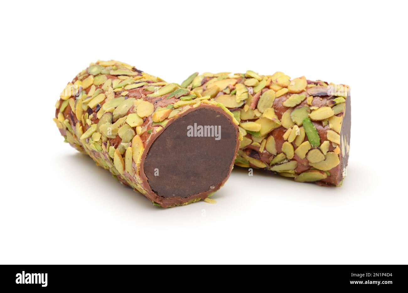 Turkish chocolate roll delight with nuts isolated on white. Stock Photo