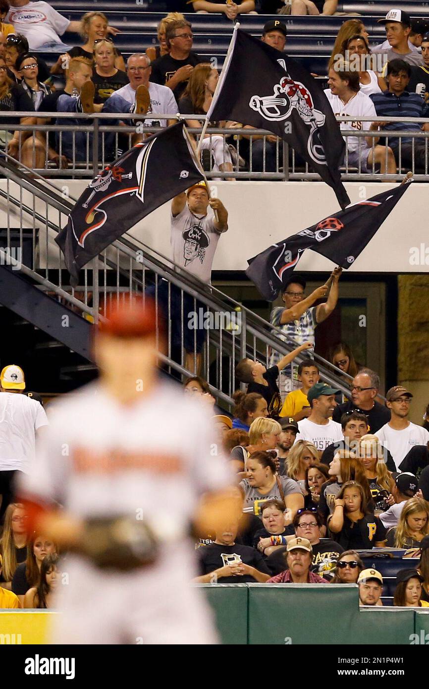 A Pittsburgh Pirates fan waves a Jolly Roger during the opening day baseball  game between the Pittsburgh Pirates and the St. Louis Cardinals at PNC Park  in Pittsburgh, Sunday, April 3, 2016.