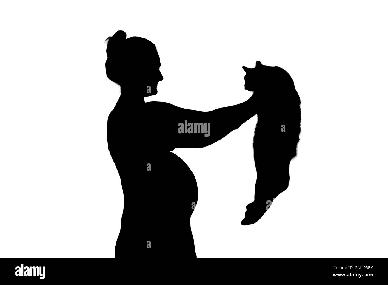 A pregnant woman holds a cat in her arms, isolated on a white