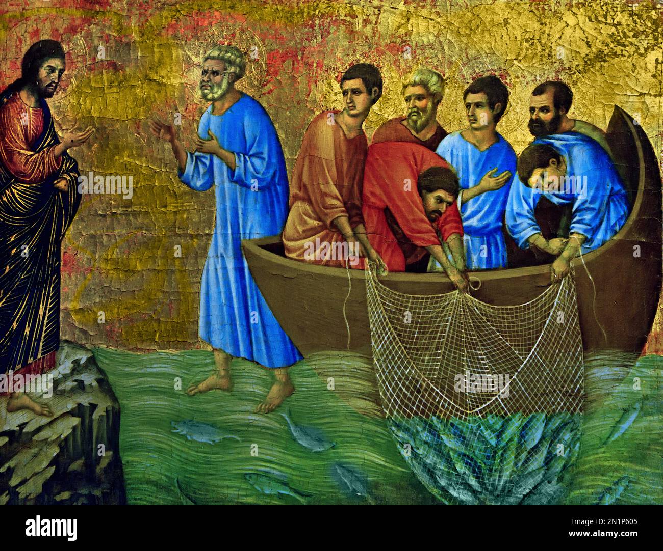 Duccio di Buoninsegna - Appearance on Lake Tiberias 13th 14th Century, Fine Art Museum, Italy, Italian,  1255– 1318 I'm going out to fish,' Simon Peter told them, and they said, 'We'll go with you.' So they went out and got into the boat, but that night they caught nothing. Early in the morning, Jesus stood on the shore, but the disciples did not realize that it was Jesus. He called out to them, 'Friends, haven't you any fish? Stock Photo