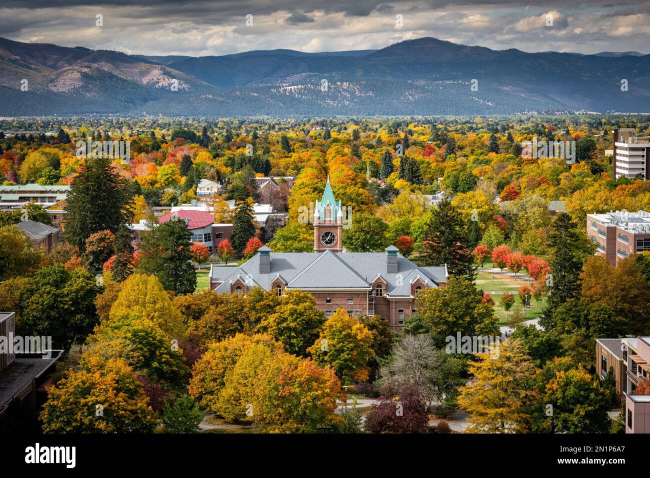 A view of UM bell tower from Mount Sentinel in Missoula, Montana Stock