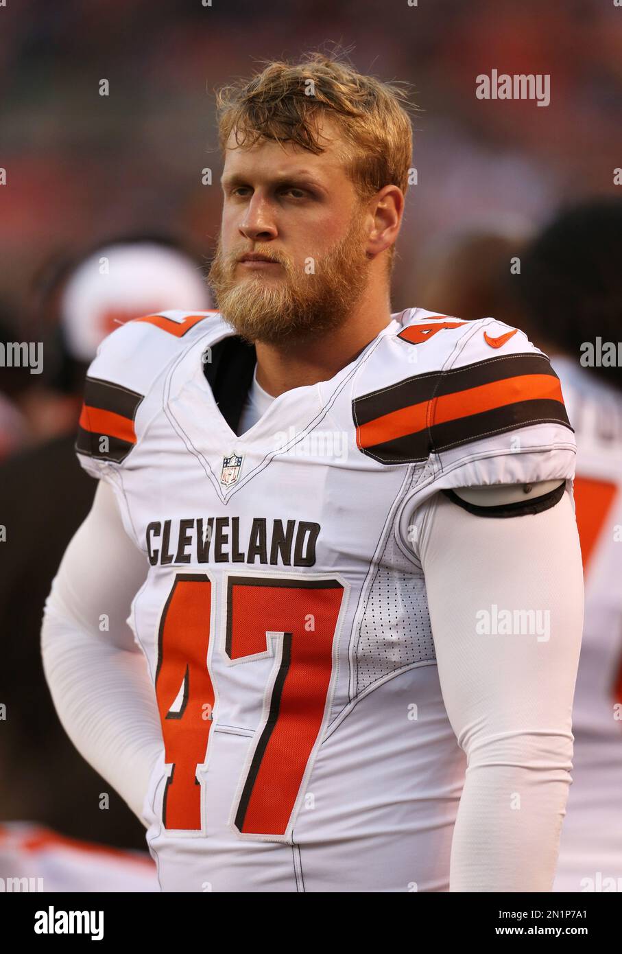 Cleveland Browns long snapper Charley Hughlett (47) and Dallas Cowboys long  snapper L.P. LaDouceur (91) greet each other before an NFL football game,  Sunday, Oct. 4, 2020, in Arlington, Texas. Cleveland won