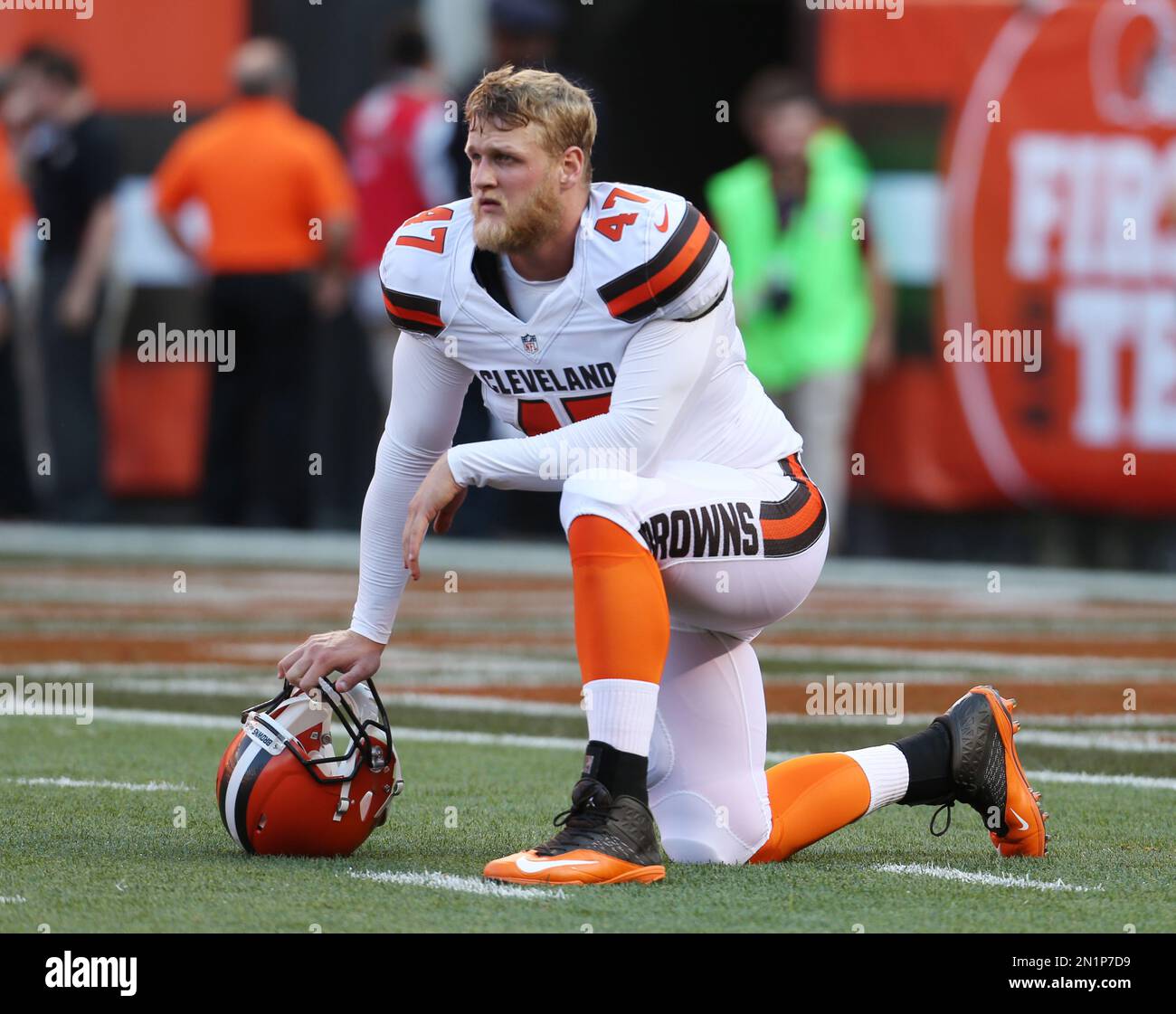 Cleveland Browns long snapper Charley Hughlett (47) and Dallas Cowboys long  snapper L.P. LaDouceur (91) greet each other before an NFL football game,  Sunday, Oct. 4, 2020, in Arlington, Texas. Cleveland won