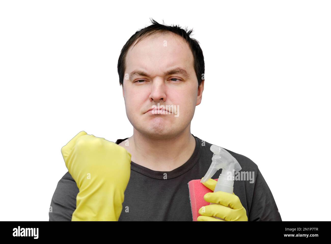 Angry man janitor in yellow gloves, studio isolated on a white background Stock Photo