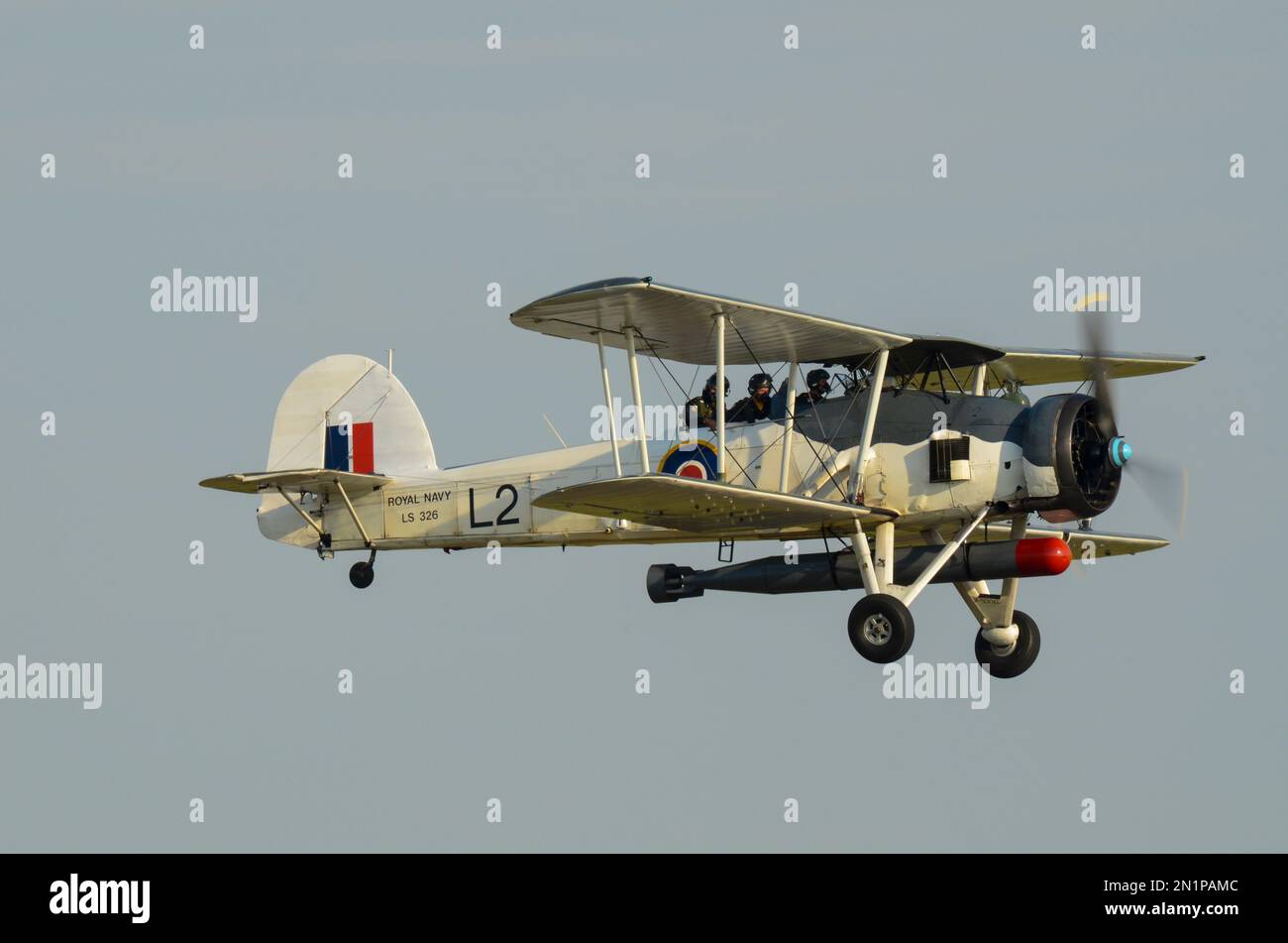 Fairey Swordfish plane LS326 flying at an airshow. Royal Navy Fleet Air
