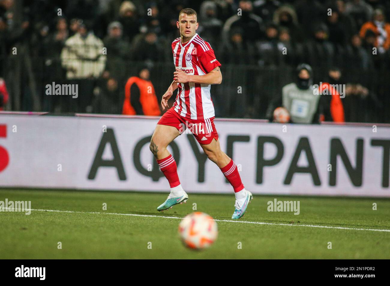Thessaloniki, Greece. 5th Feb, 2023. Olympiacos's player Andreas Ndoj  during a Greek Superleague soccer game between PAOK FC and Olympiacos FC.  (Credit Image: © Giannis Papanikos/ZUMA Press Wire) EDITORIAL USAGE ONLY!  Not