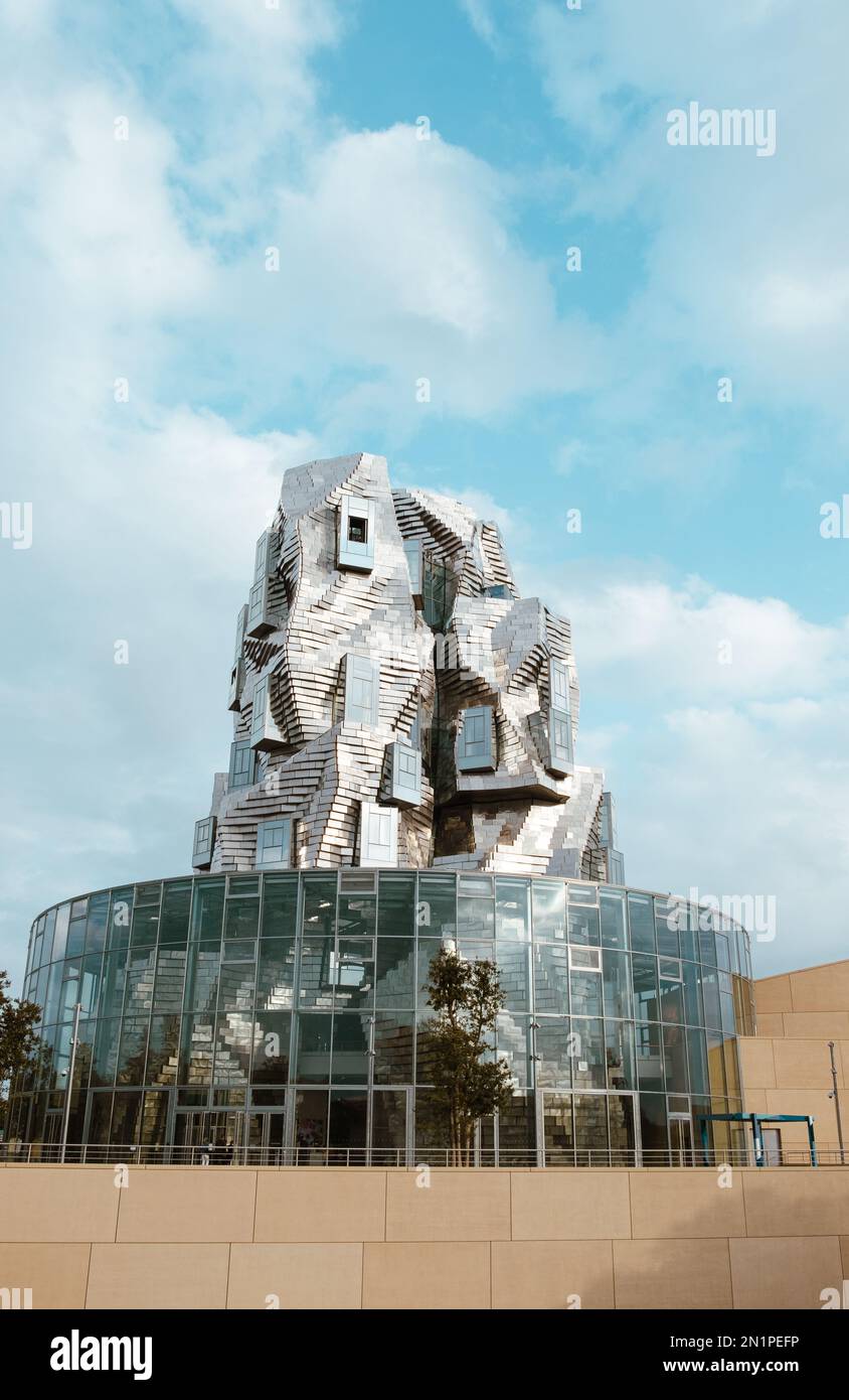 Arles, France October 2022 Twisting tower in reflective aluminium