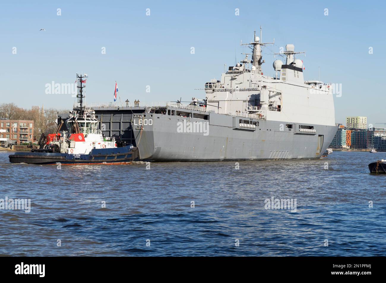 London UK. 6th February 2023. Dutch navy warefare ship HNLMS Rotterdam leaving Greenwich after a day of visit berting off Thames in London Greenwich. It is a Landing Platform Dock amphibious warship of the Royal Netherlands Navy.  Credit: glosszoom/Alamy Live News Stock Photo