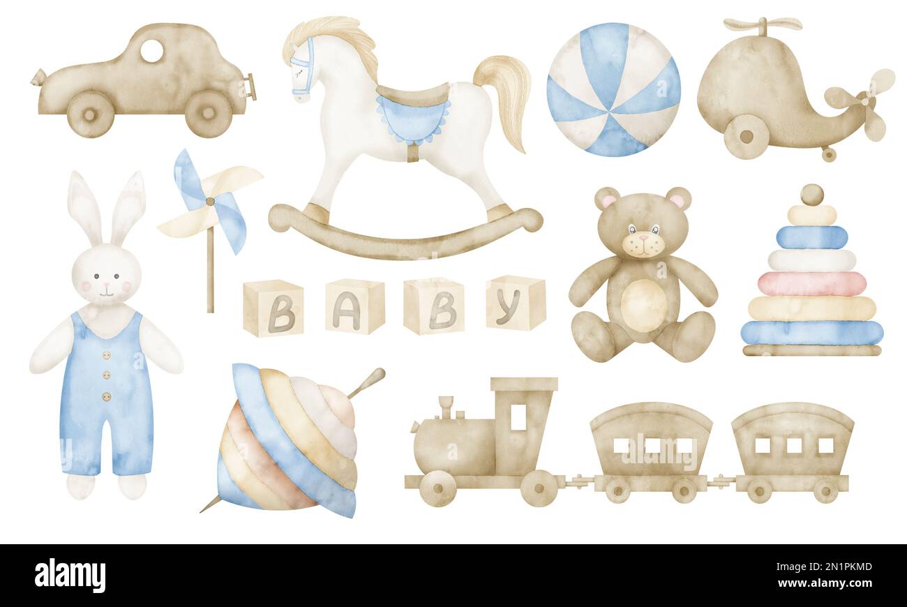 Baby Toys watercolor set with rocking Horse, teddy bear and bunny. Hand drawn illustration of car and train for child party greeting cards or invitations on isolated background in pastel colors. Stock Photo
