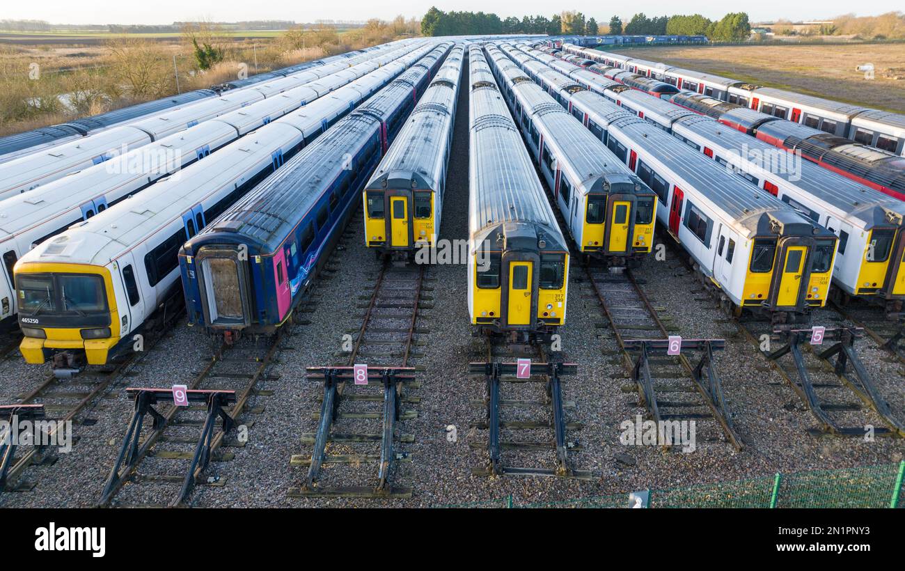 Picture dated February 1st shows trains stacked up in sidings in Ely, Cambridgeshire, today (Wed) as national strikes by rail workers continue this we Stock Photo