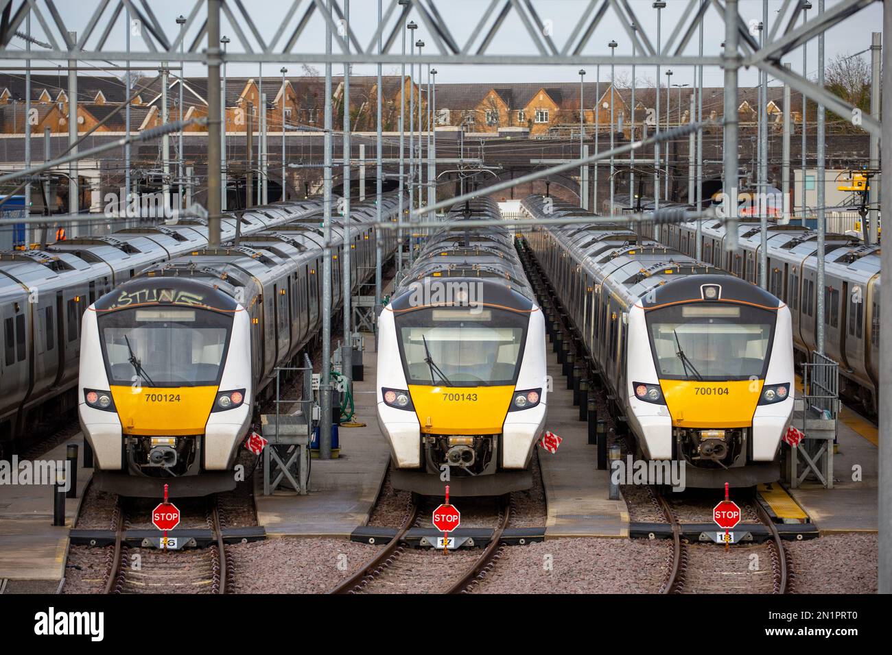 The picture dated February 3 shows Thameslink trains stacked up in sidings in Bedfordshire as train drivers in England walk out for the second time th Stock Photo
