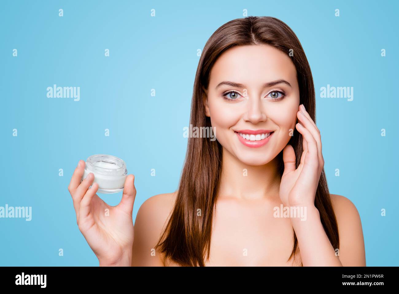 Concept of using moisturizing cream before going to bed. Beautiful cute