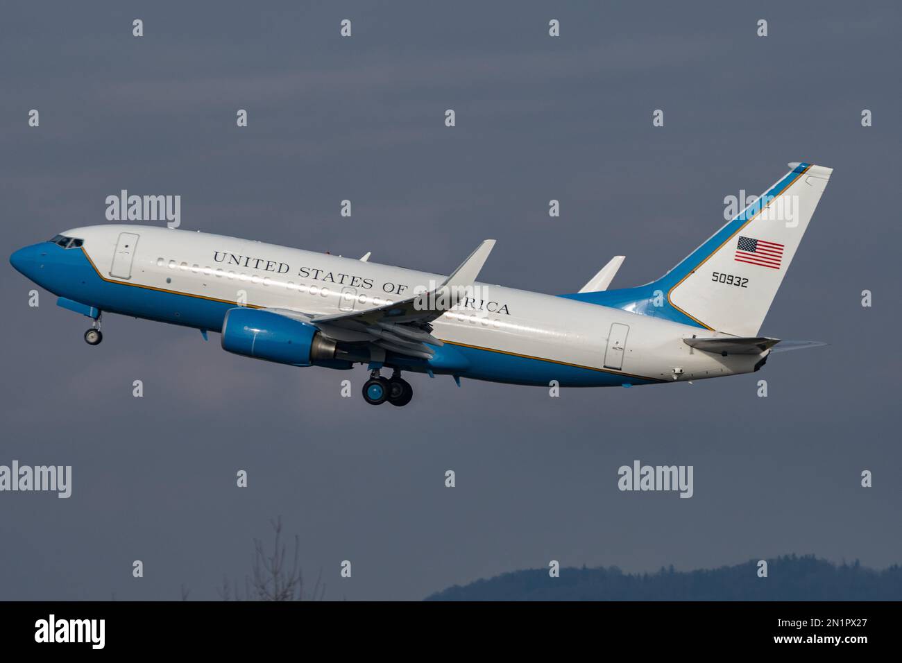 Zurich, Switzerland, January 20,2023 United States Boeing C-40 government aircraft is taking off from runway 28 after the world economic forum in Davo Stock Photo