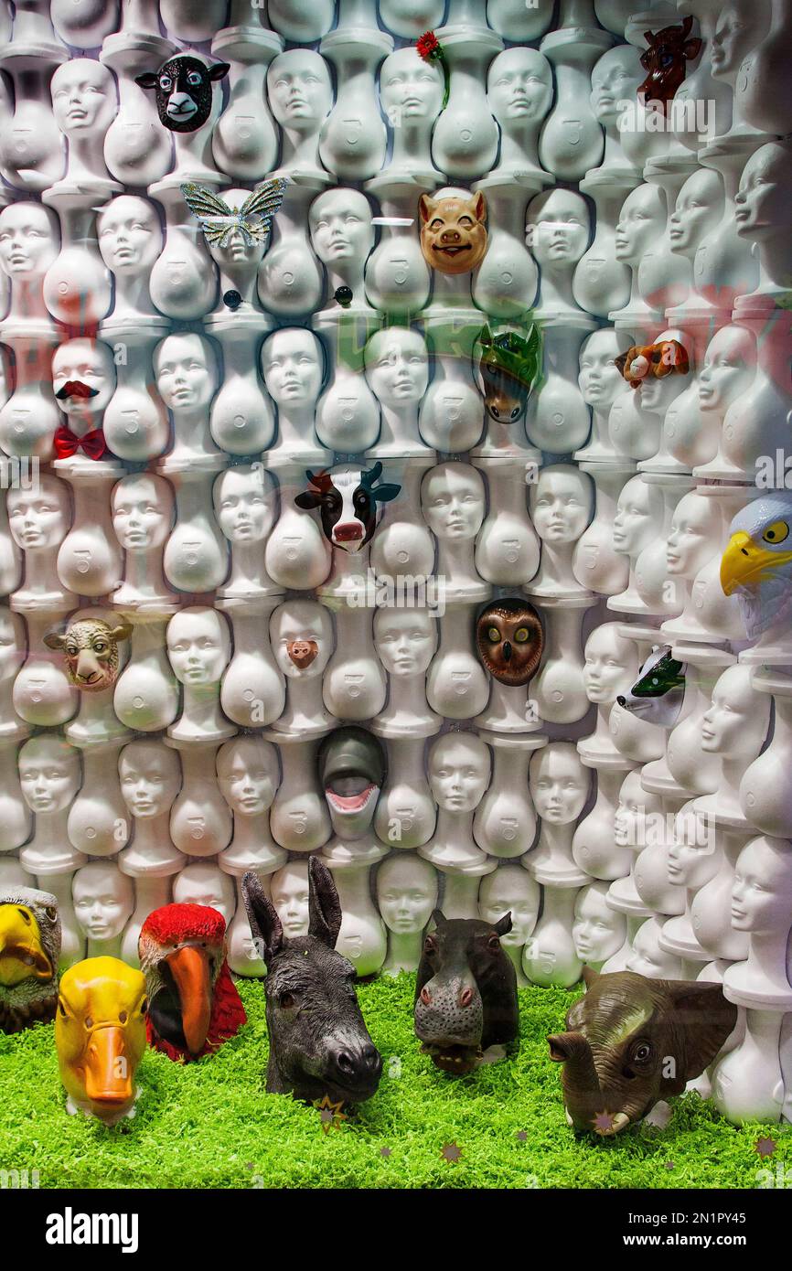 Spain, Barcelona Shop window with an art project on psychology Stock Photo