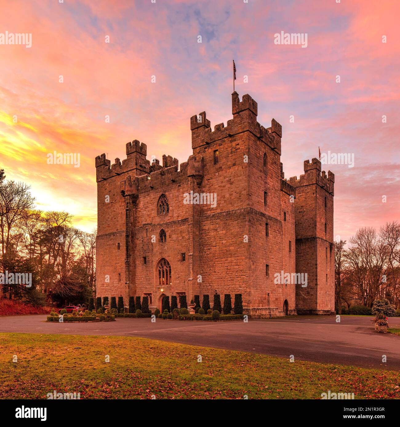 Langley Castle & Hotel at sunset, Haydon Bridge, Northumberland, England, United Kingdom Stock Photo