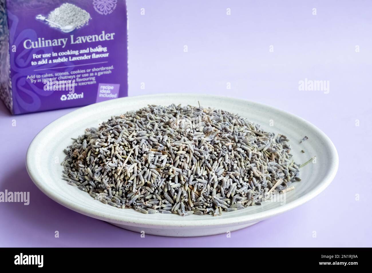 A 200ml packet of culinary lavender. The edible cooking lavender is used for cooking or baking to add a subtle lavender flavour Stock Photo