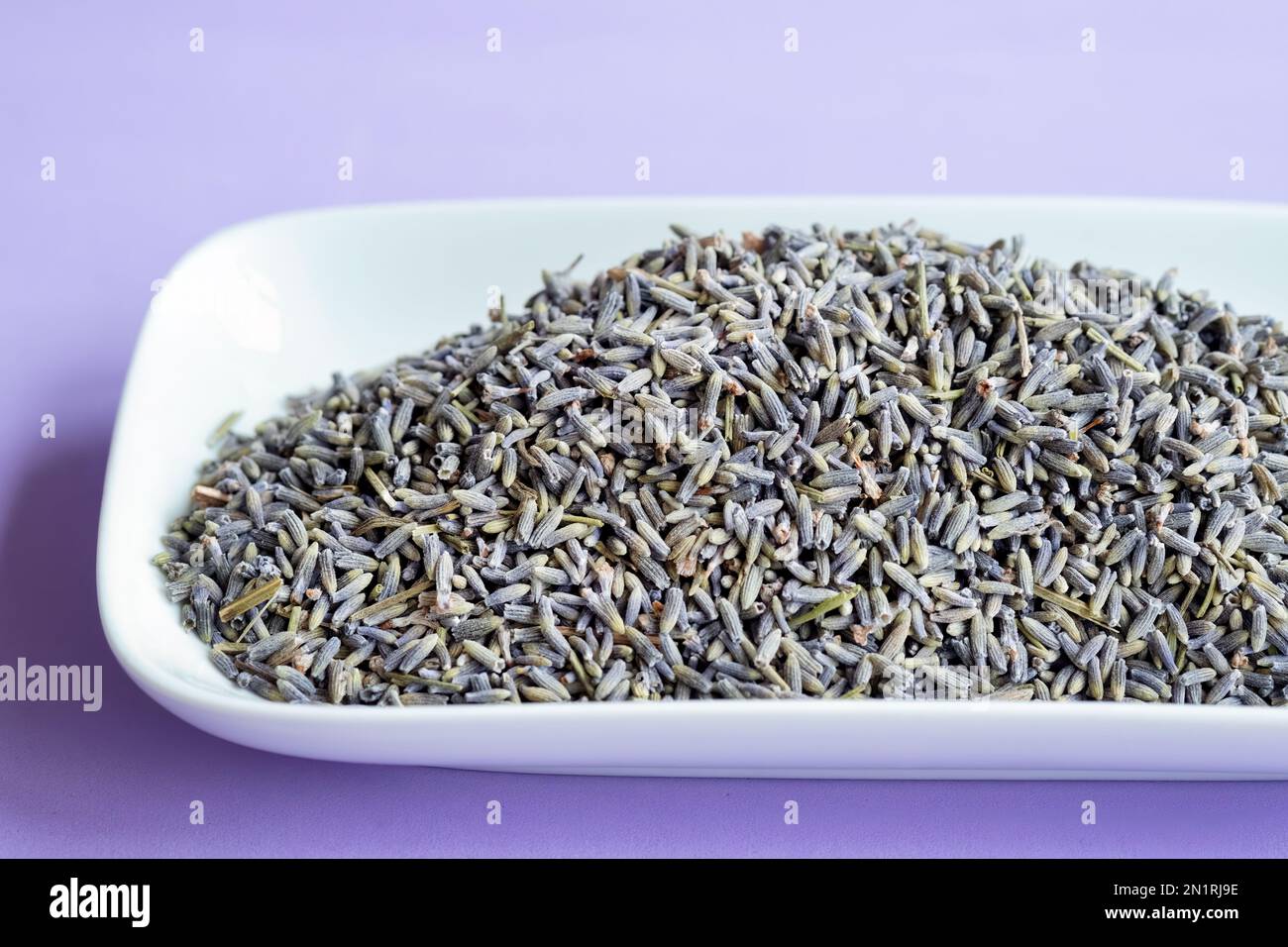 A 200ml packet of culinary lavender. The edible cooking lavender is used for cooking or baking to add a subtle lavender flavour Stock Photo