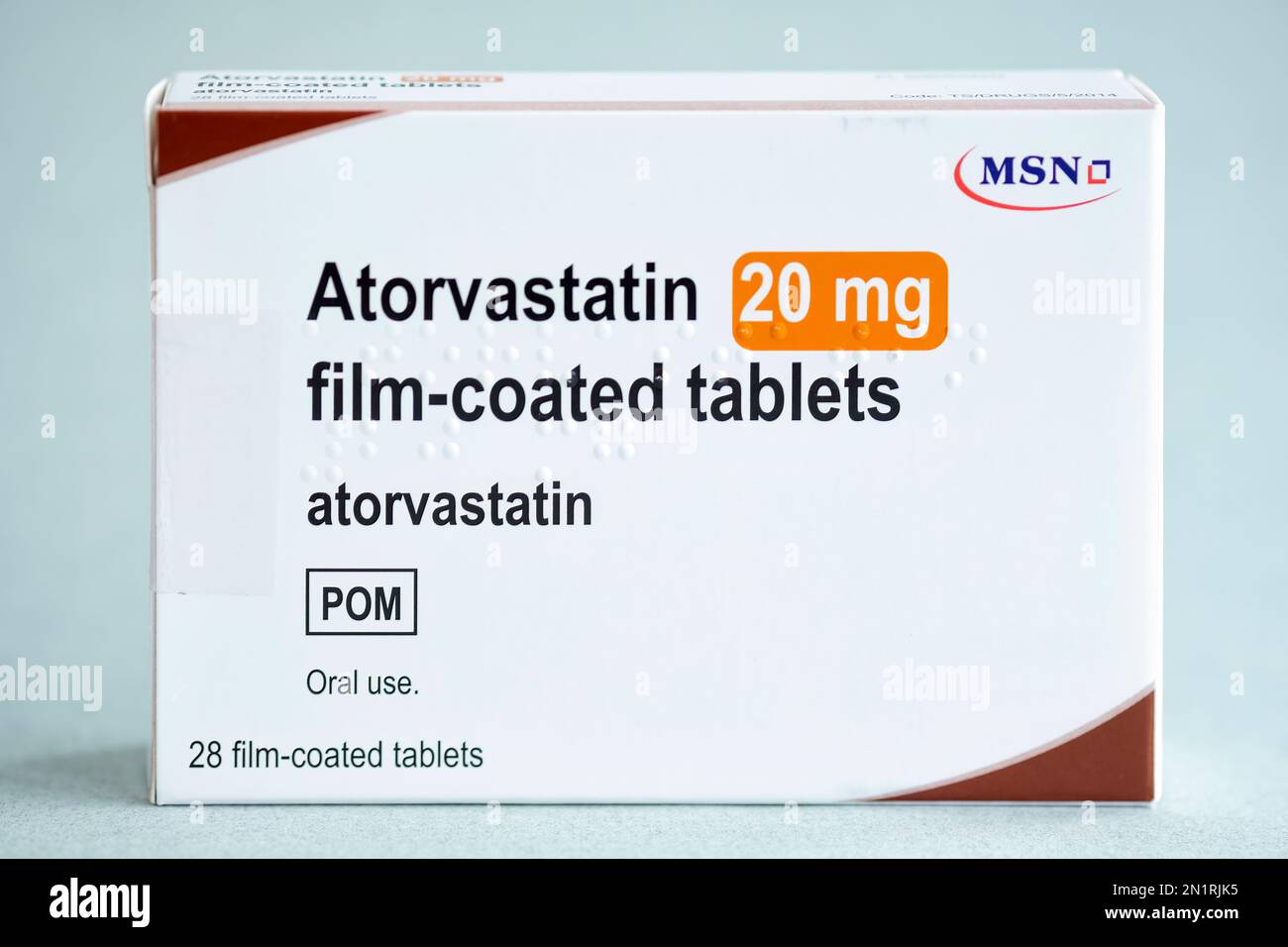 A box of the drug Atorvastatin. A statin regularly prescribed for  lowering LDL or bad cholesterol. It protects against heart disease and stroke Stock Photo